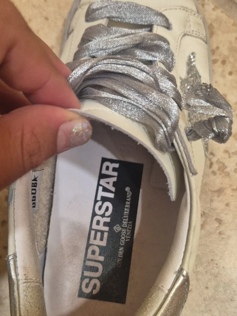 Golden Goose Cream Leather Sneakers with Silver Star & Laces